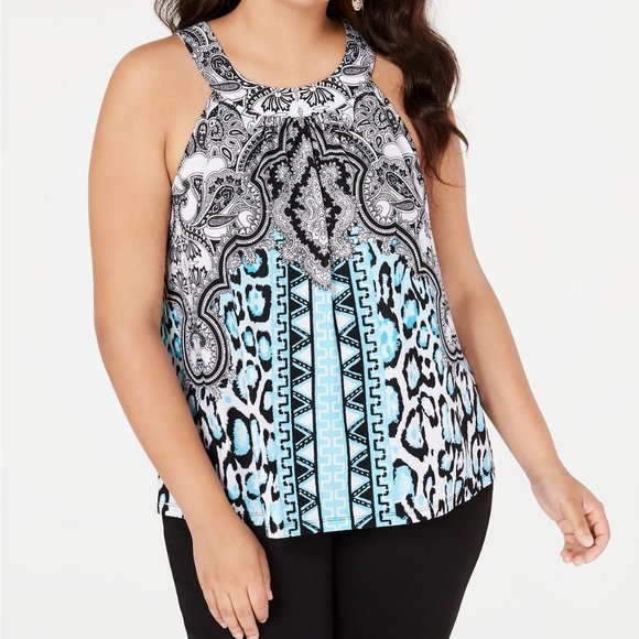 I.N.C. International Concepts Blue Geometrical Printed Pleated Front Top - Picture 1 of 3